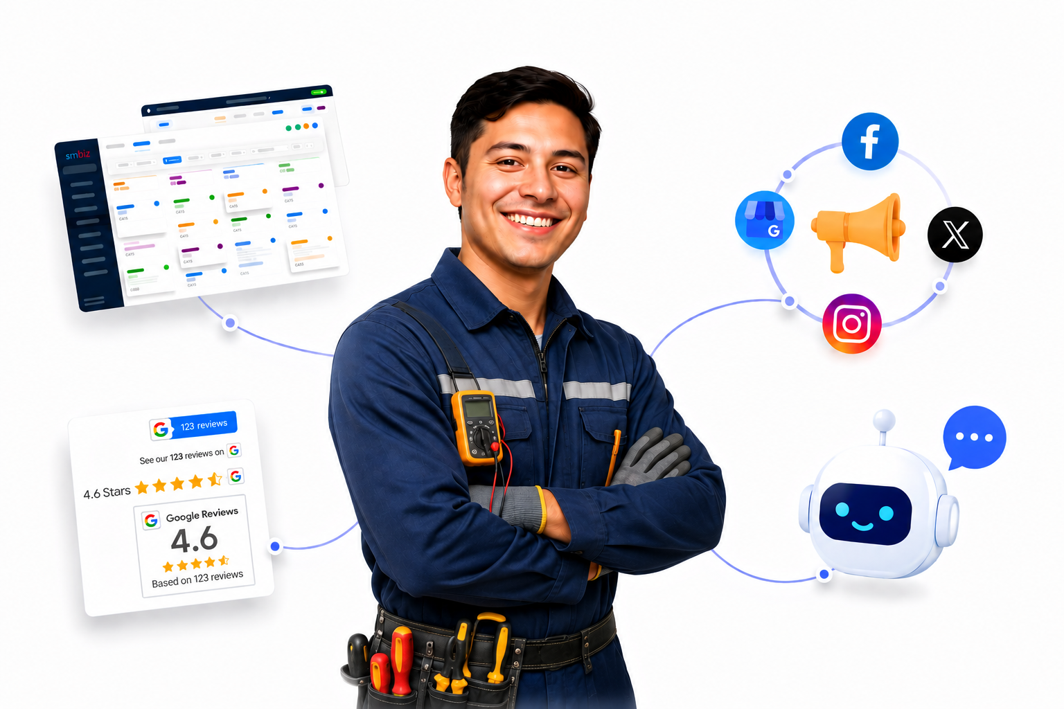 Electrician using SMBIZ AI receptionist and CRM to answer calls, follow up leads, and book jobs 24/7