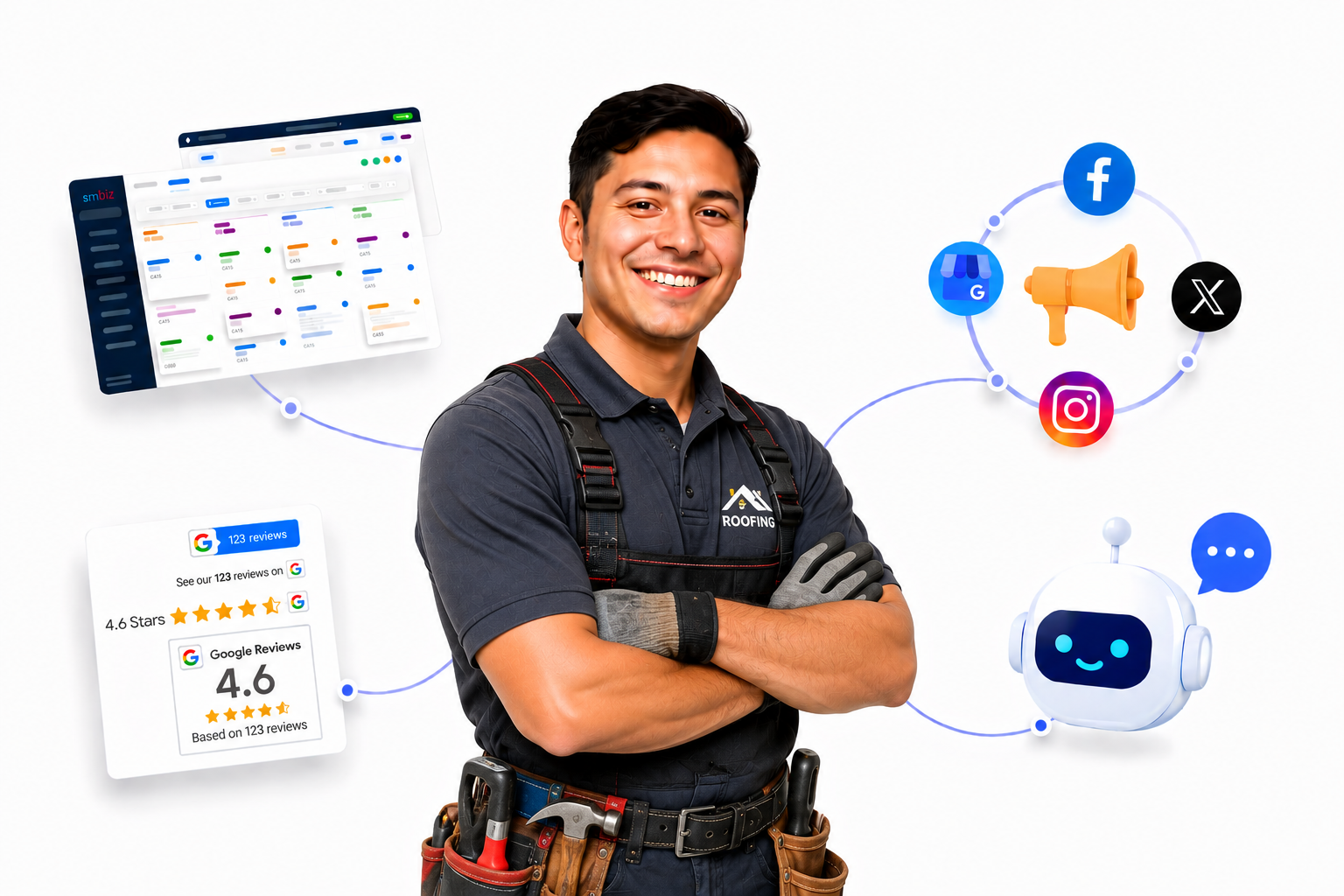 Roofing contractor using SMBIZ AI receptionist and CRM to capture leads, follow up, and book estimates